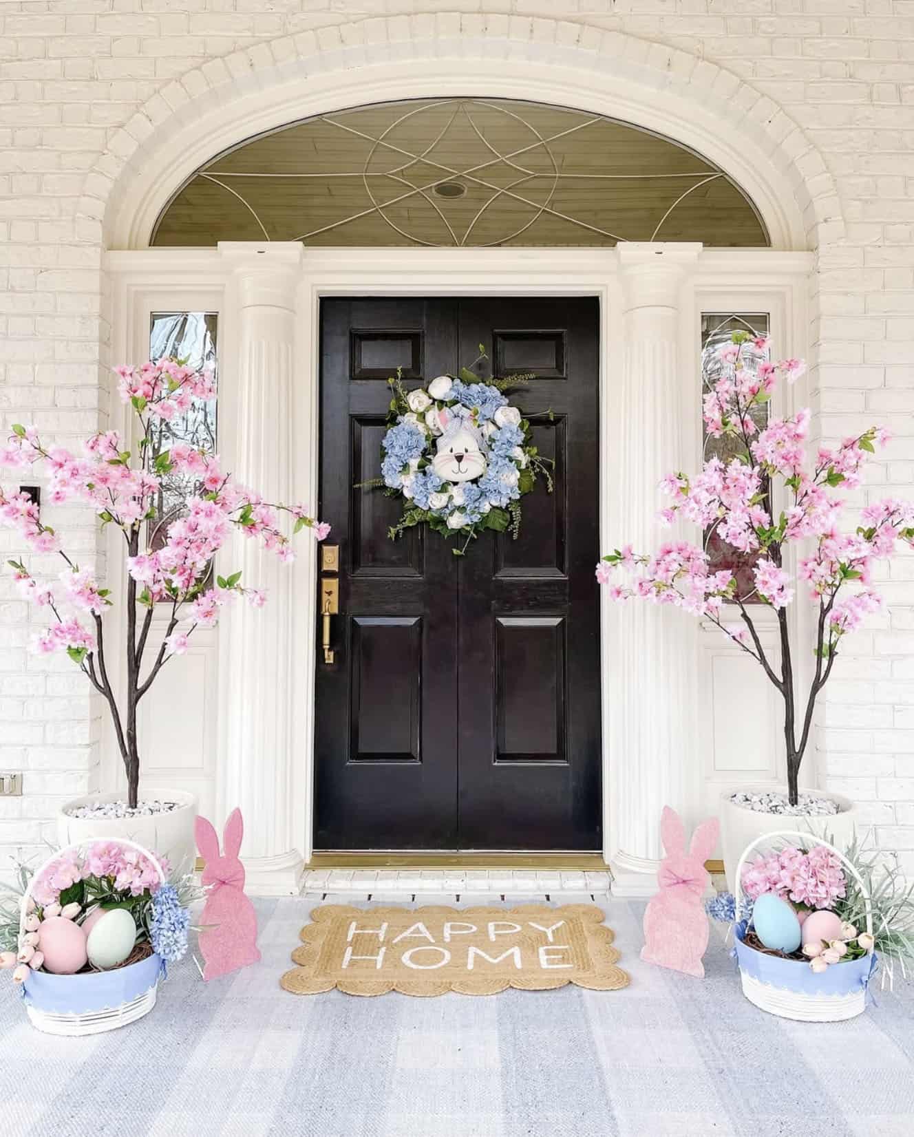 front porch with cherry blossom trees and pink easter bunnies