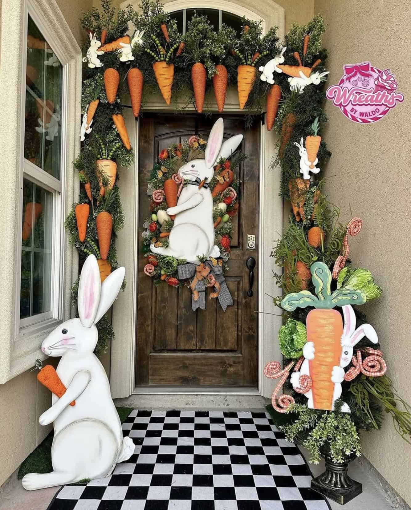 easter front porch decor with bunny rabbits