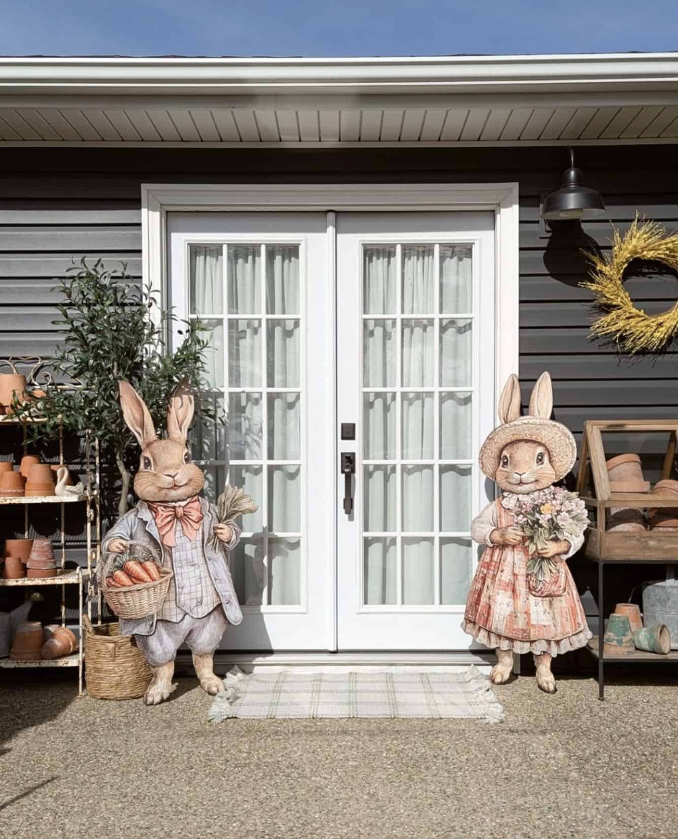 front porch decorated with charming bunny porch signs