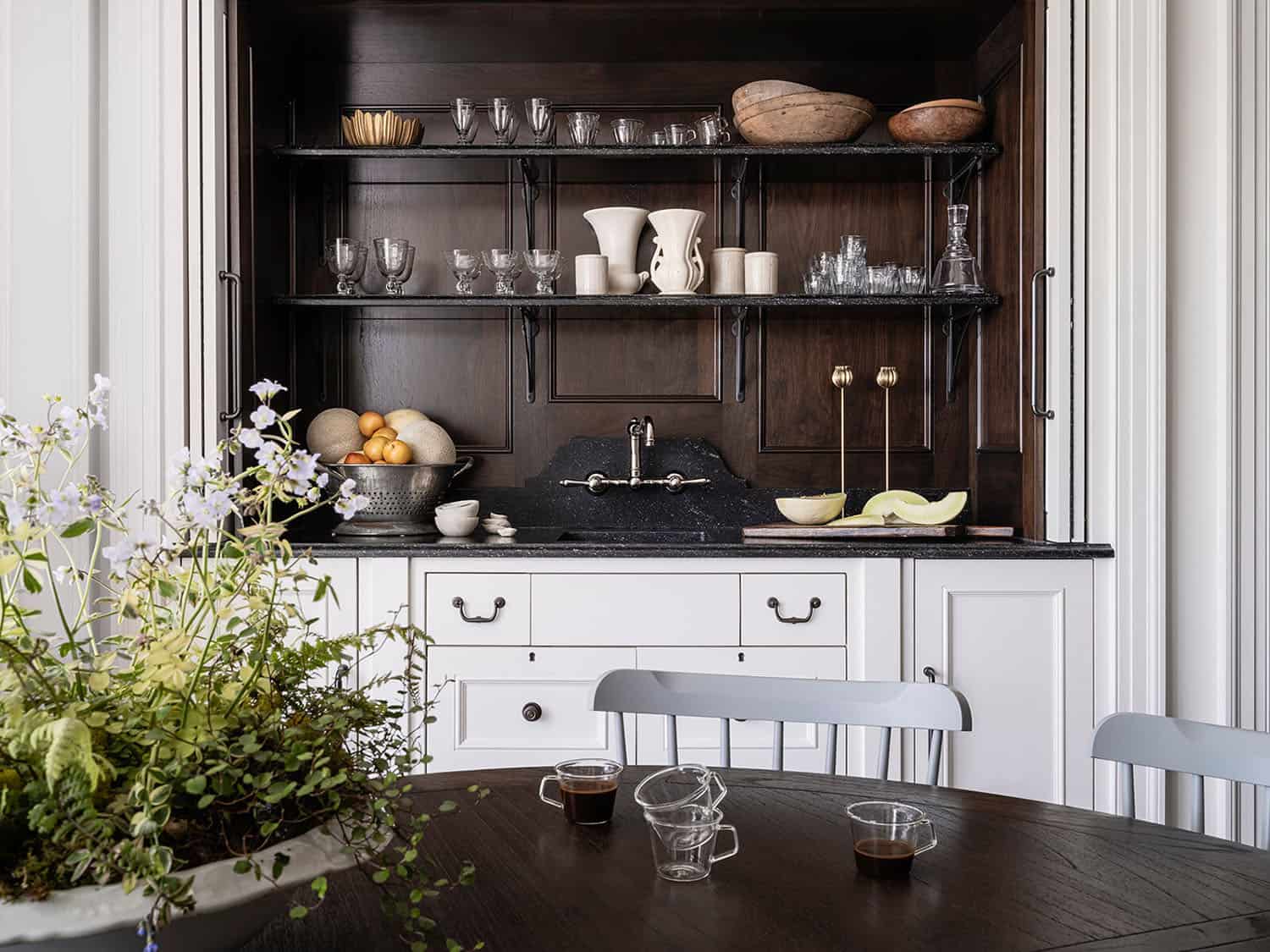 traditional style dining room with a home bar