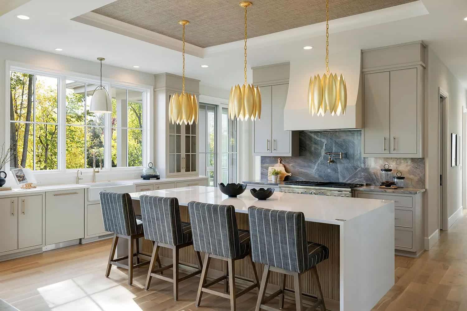 contemporary kitchen with large pendant lights