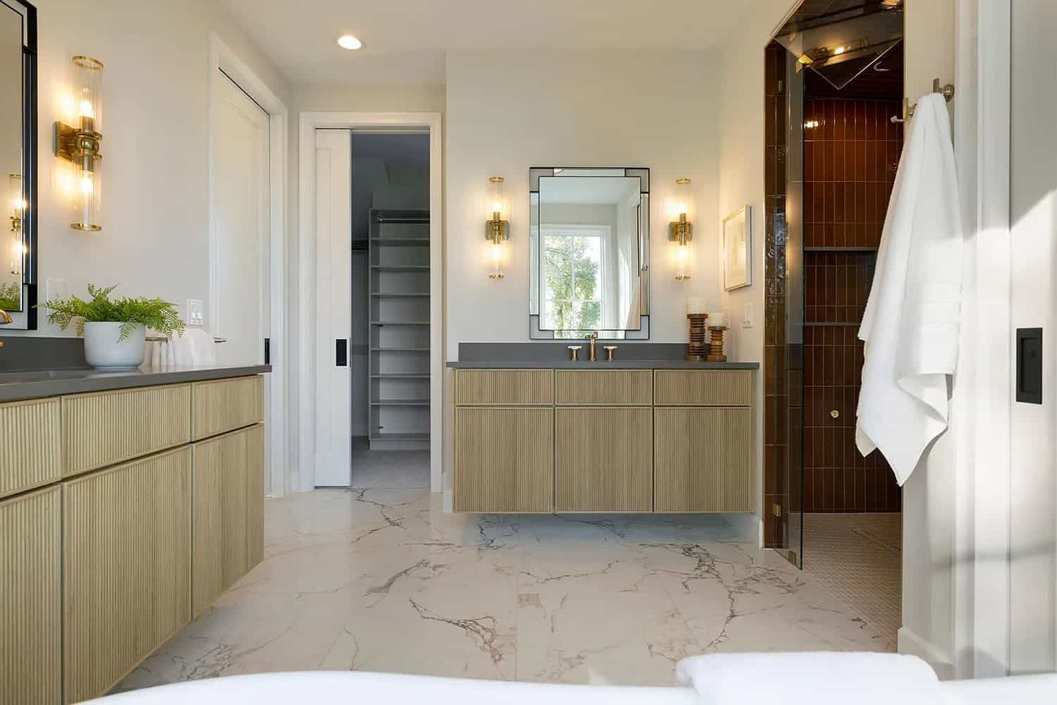 contemporary bathroom with dual vanities