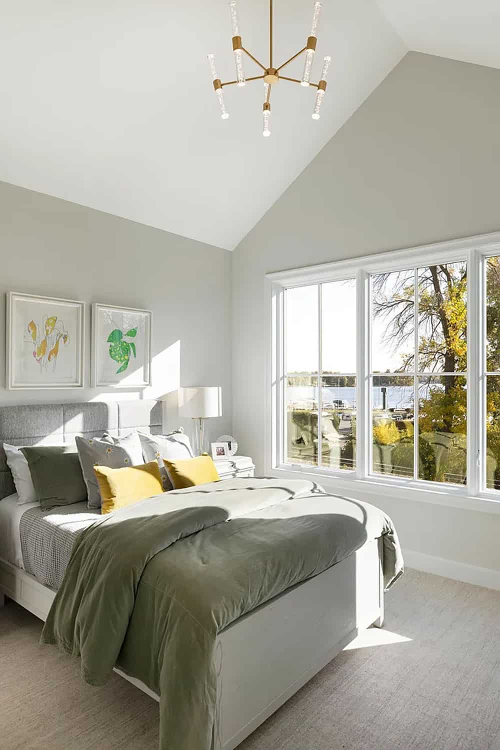 contemporary bedroom with a vaulted ceiling