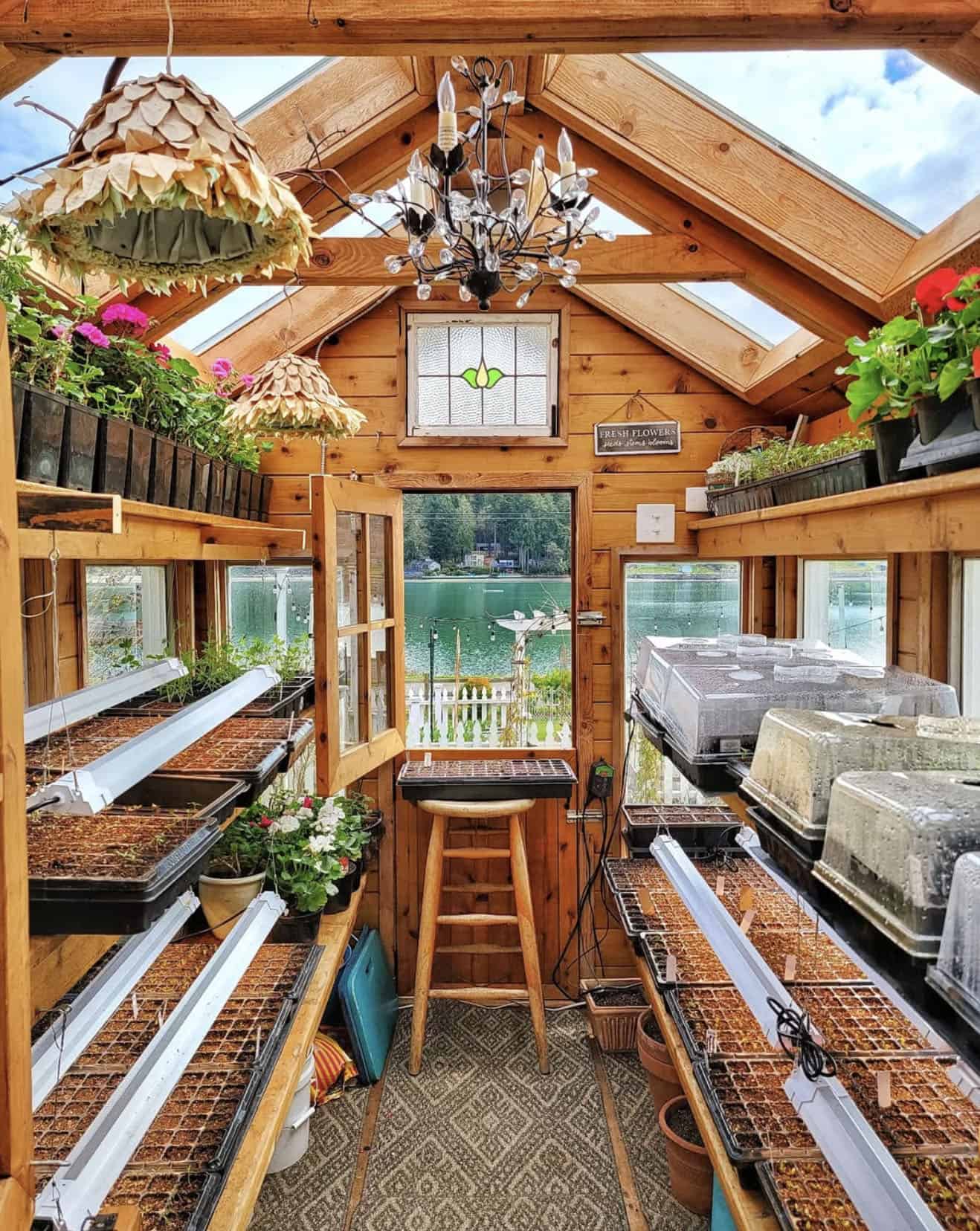 greenhouse interior for potting plants with a water view