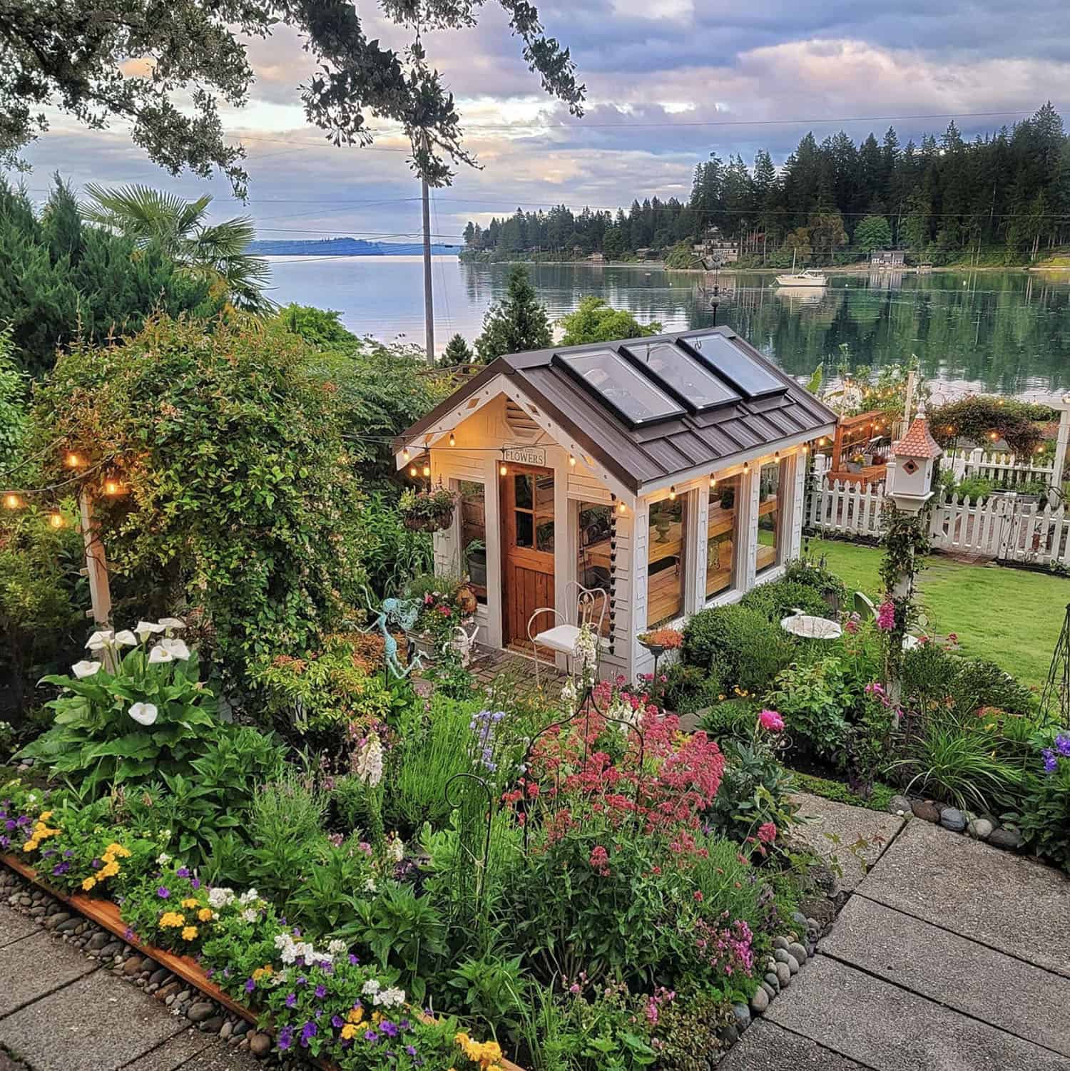 greenhouse garden exterior with a water view