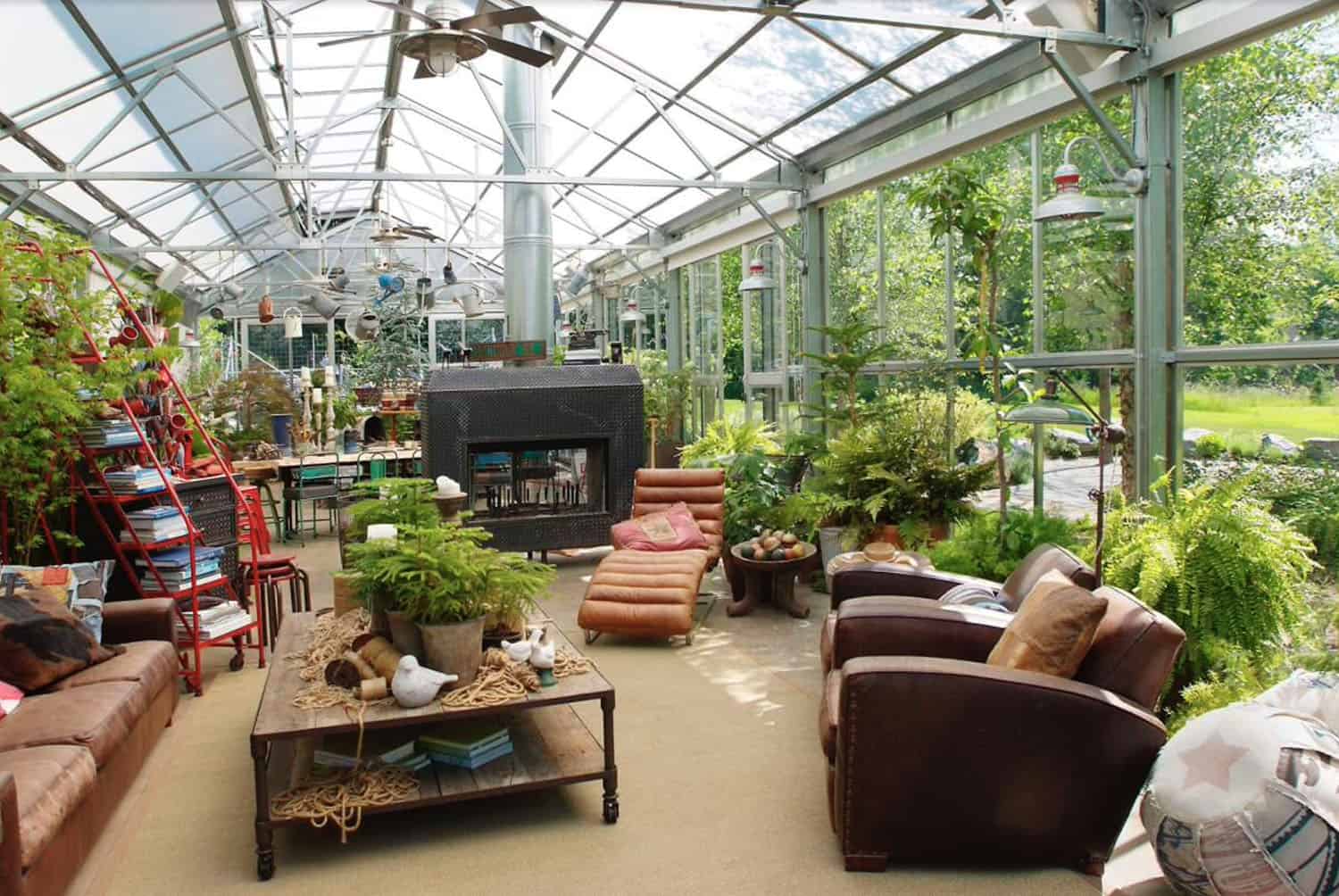 greenhouse interior with a living area and fireplace