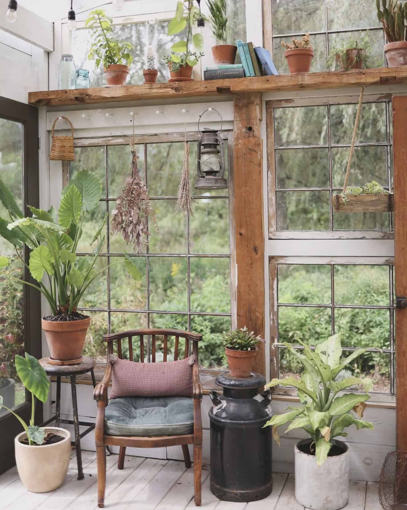 greenhouse interior with seating and planted pots