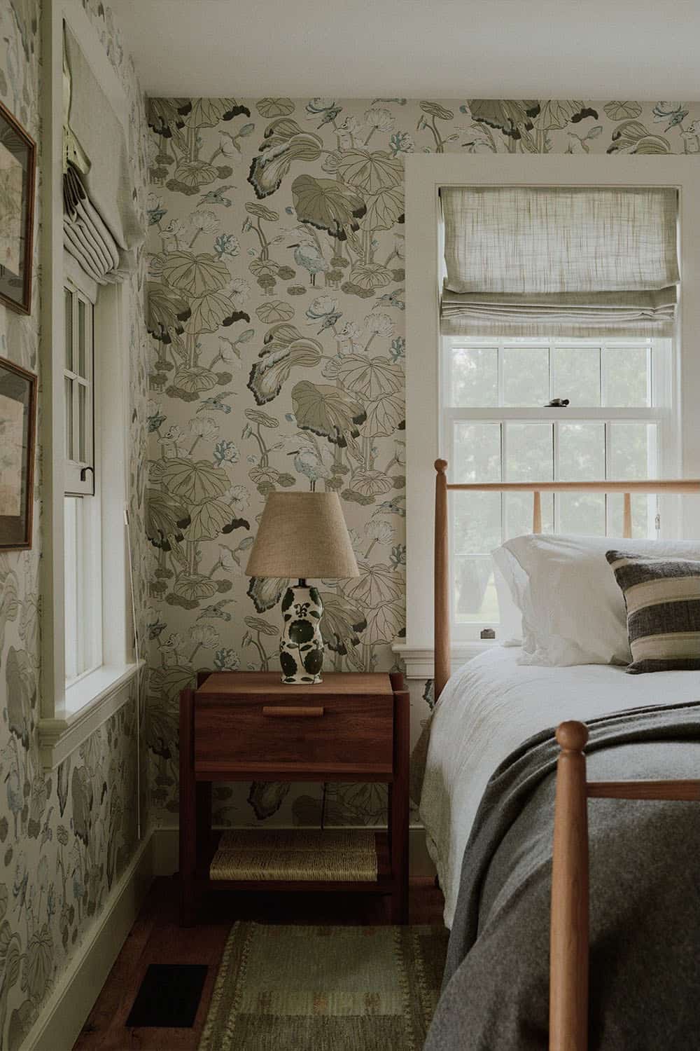 farmhouse style bedroom with wallpaper