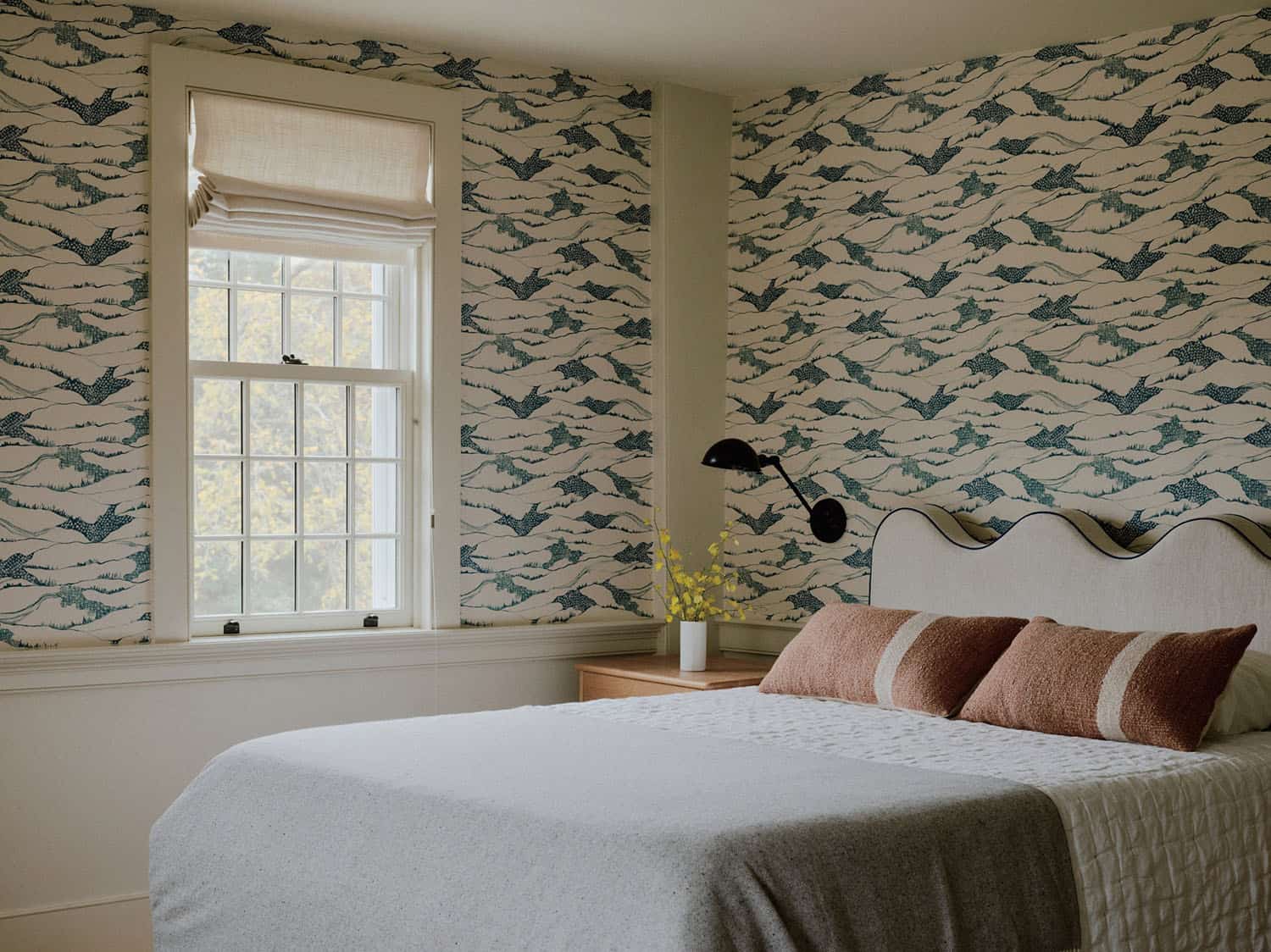 farmhouse style bedroom with wallpaper