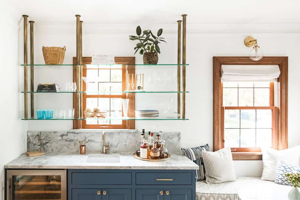 transitional stye kitchen with hanging shelves