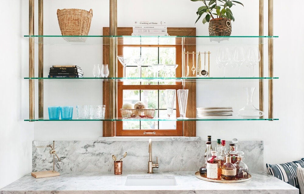 transitional stye kitchen with hanging shelves