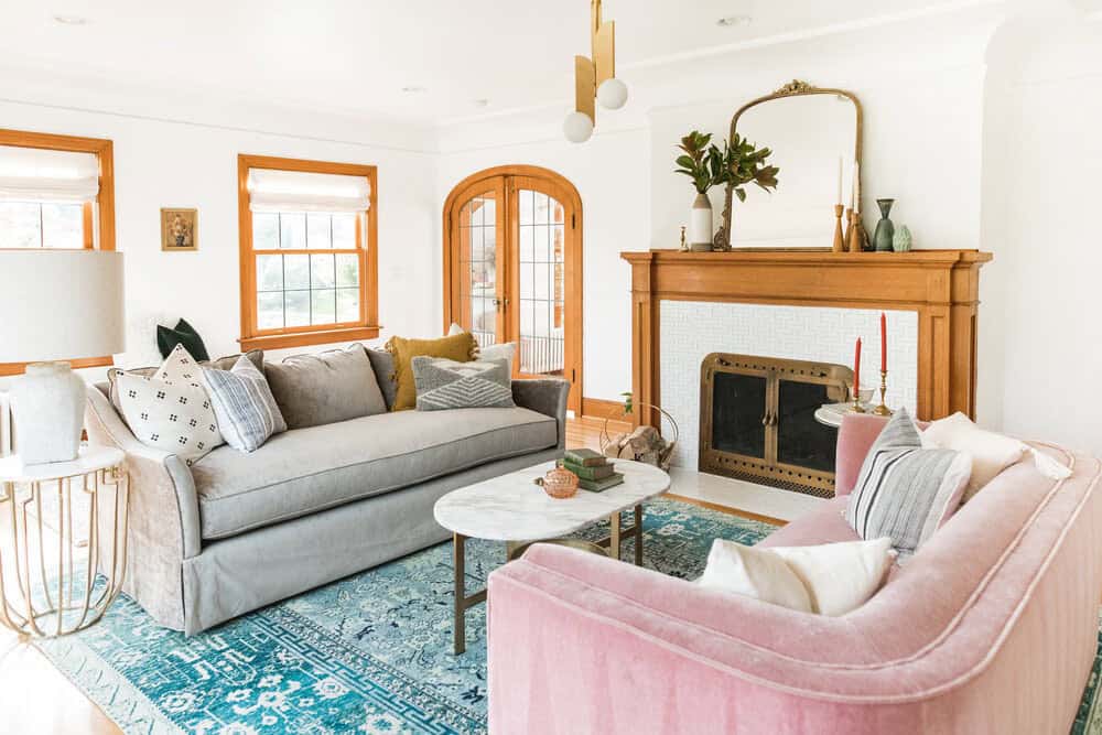 transitional stye living room with a fireplace