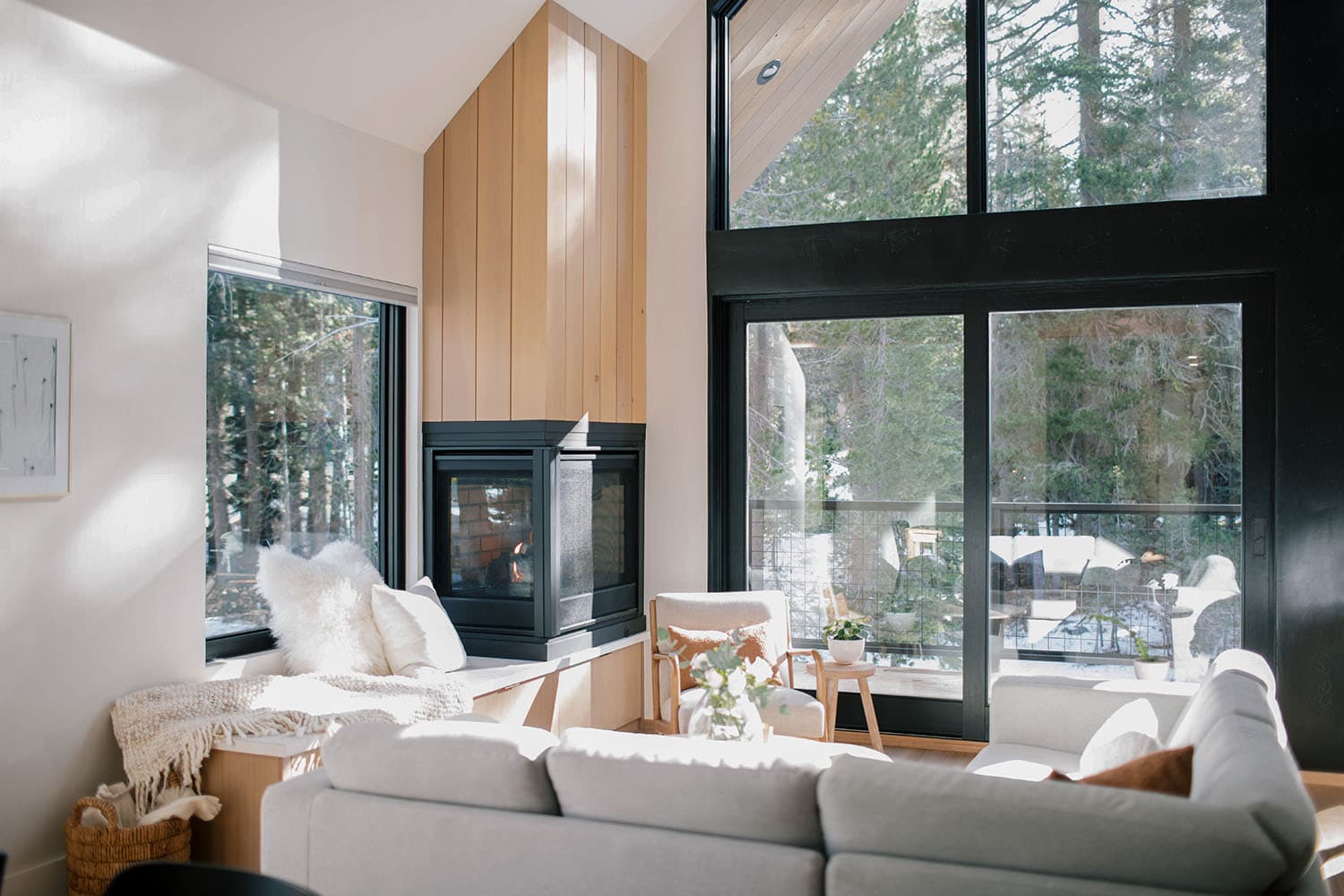 japandi style living room with a fireplace