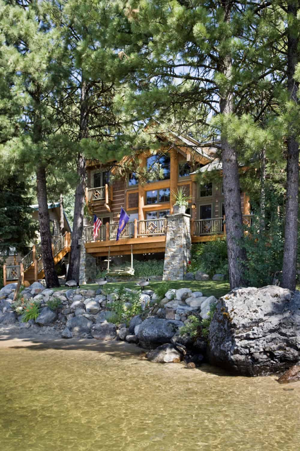 rustic house exterior view from the lake