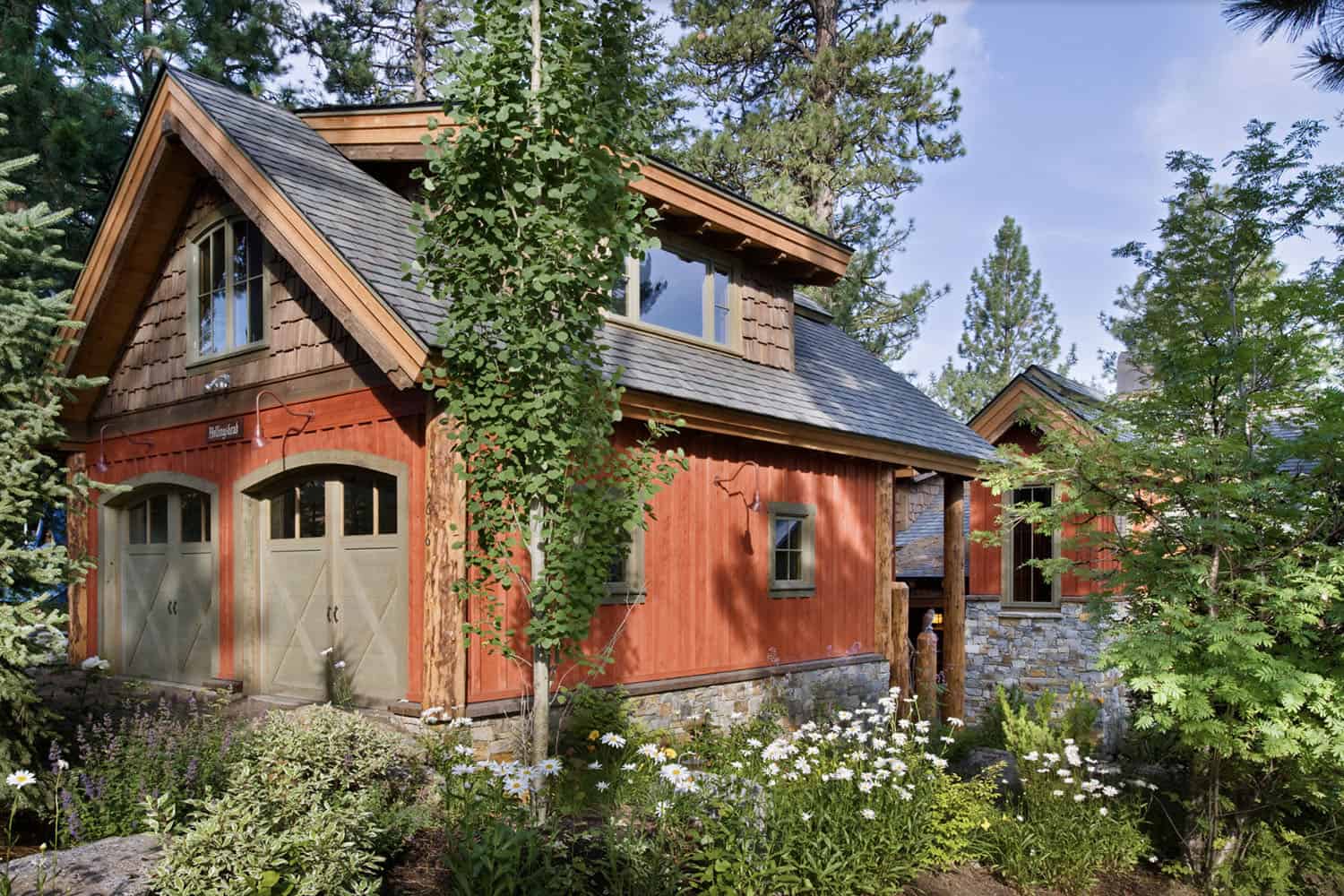 rustic red-painted garage exterior