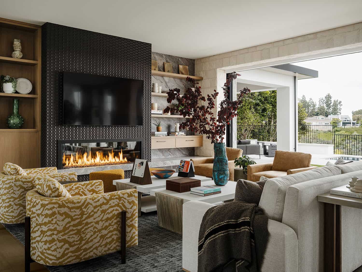 contemporary living room with a fireplace