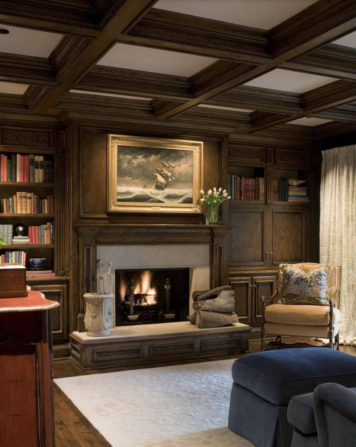 mediterranean style family room with a fireplace