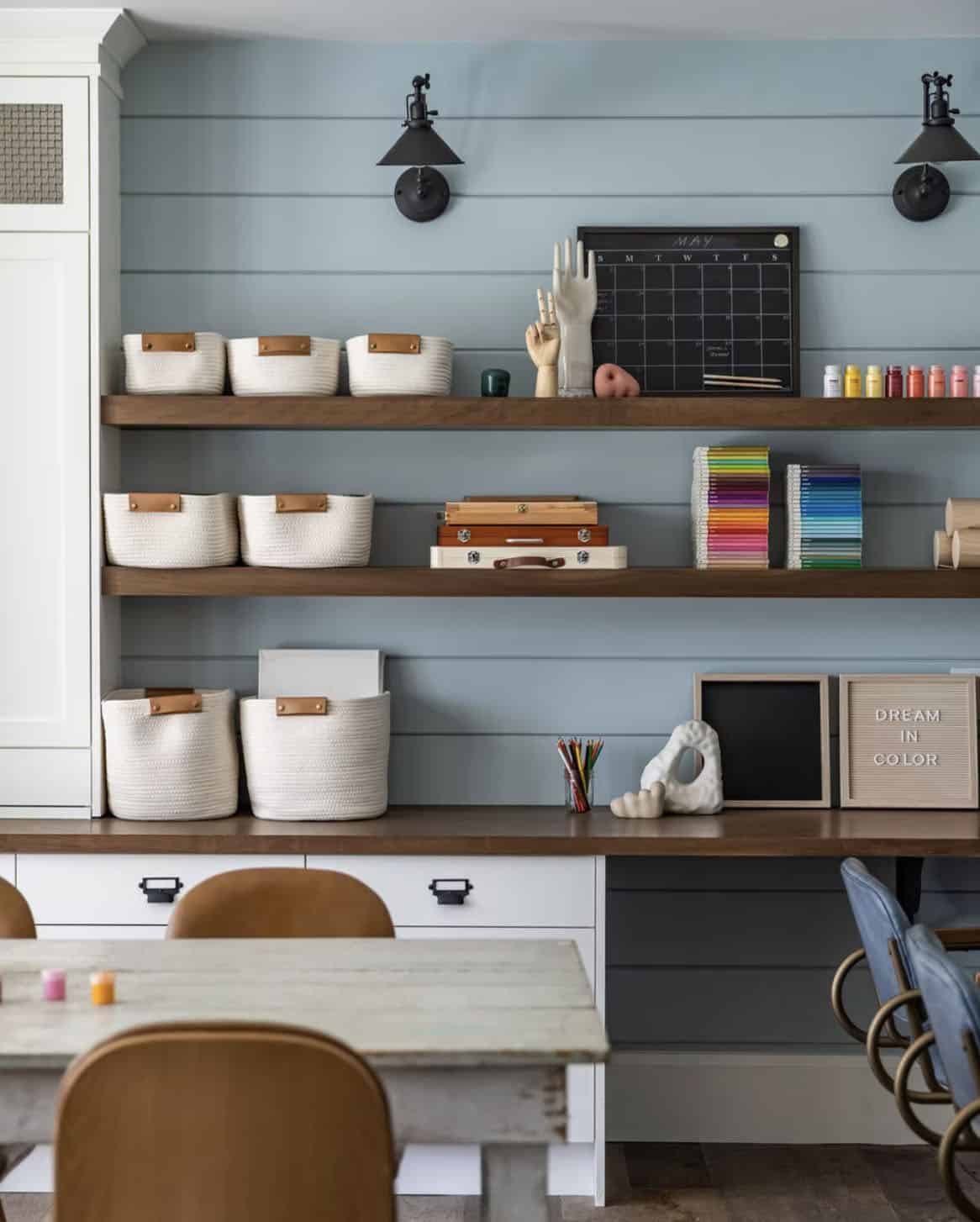 farmhouse style craft room with floating shelves