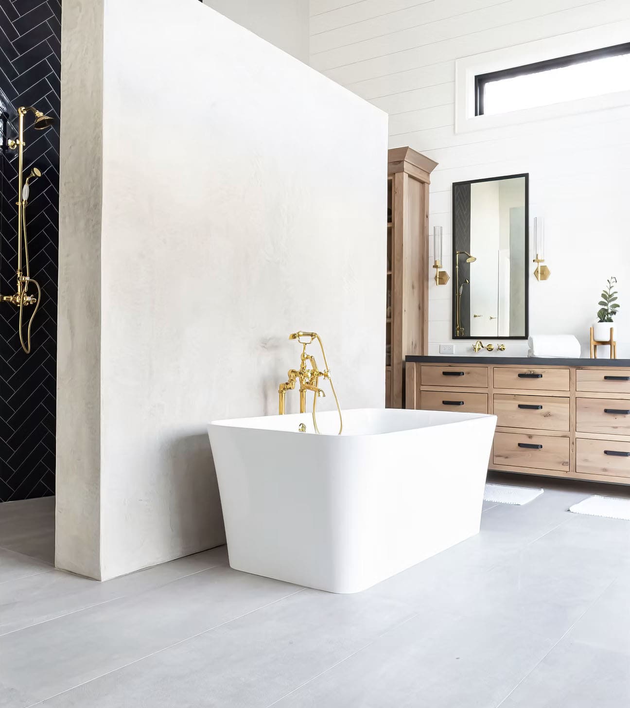 farmhouse style bathroom with a freestanding tub