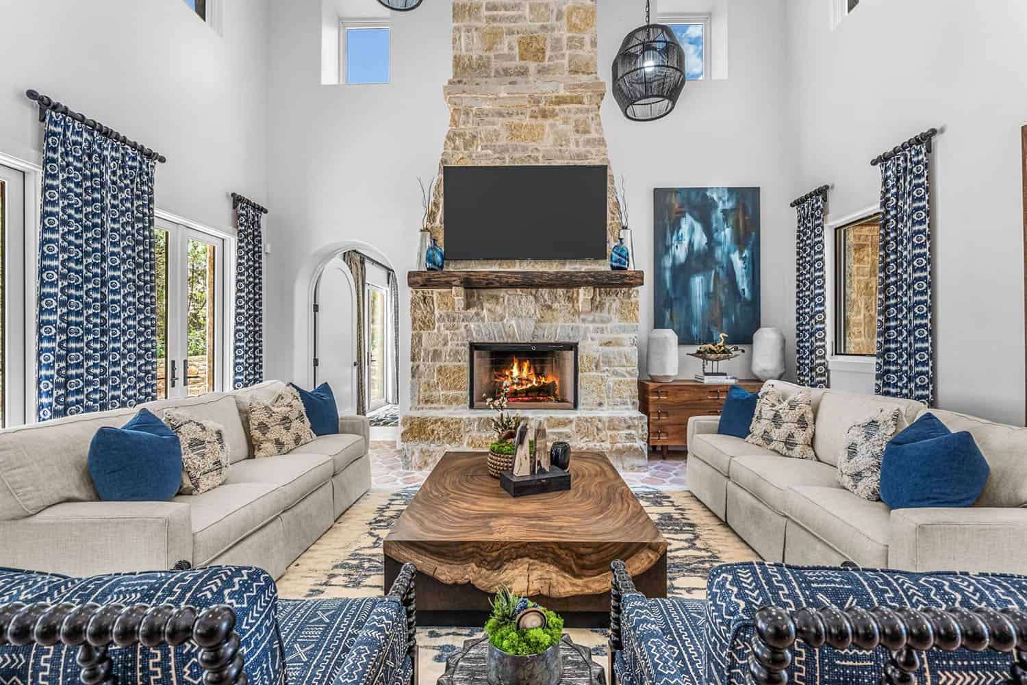 spanish-inspired living room with a fireplace