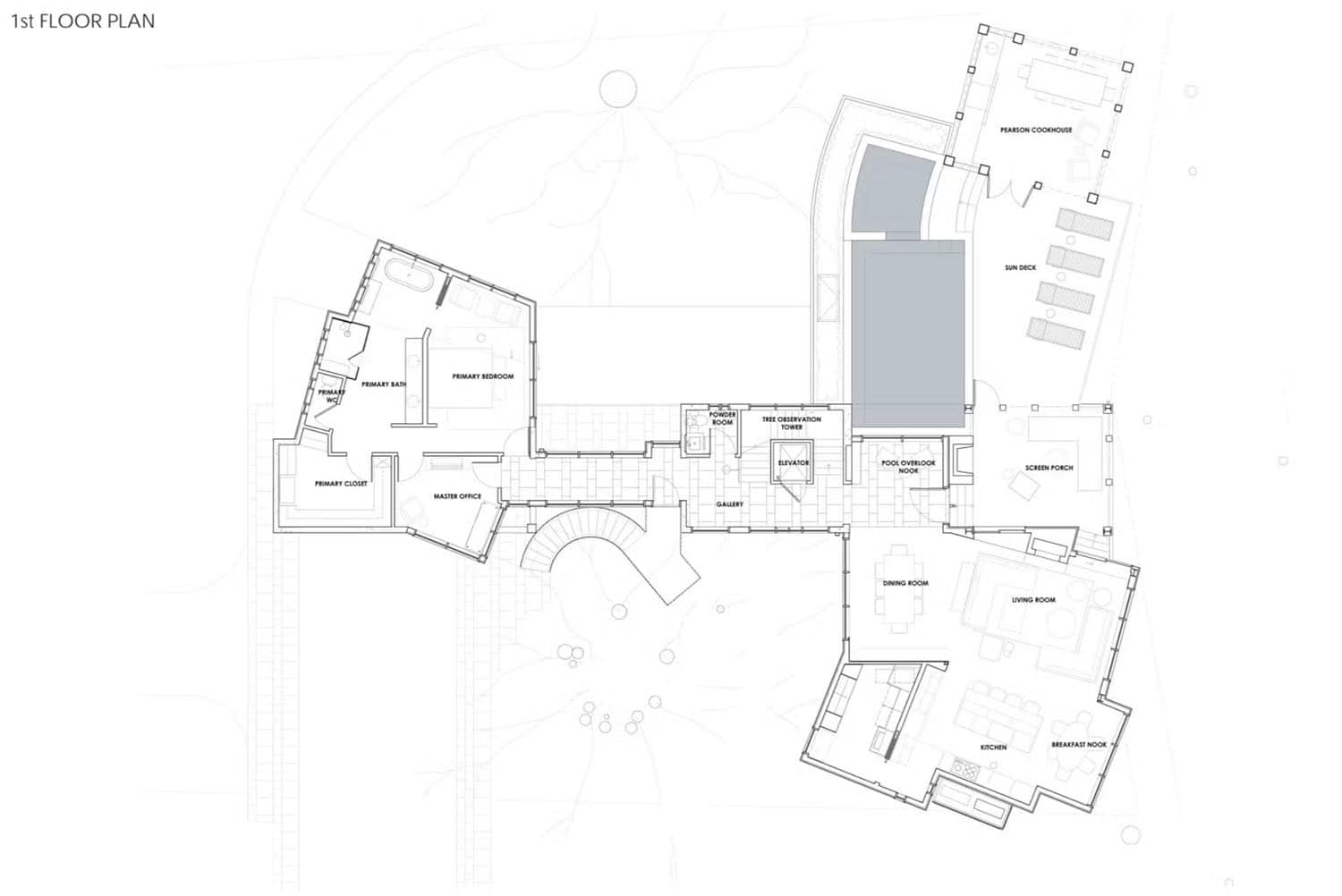 treehouse-inspired home first level floor plan