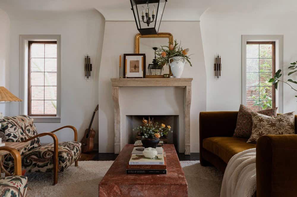 contemporary living room with a fireplace