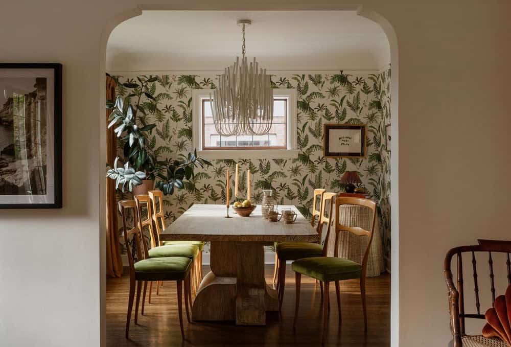 contemporary dining room with wallpaper