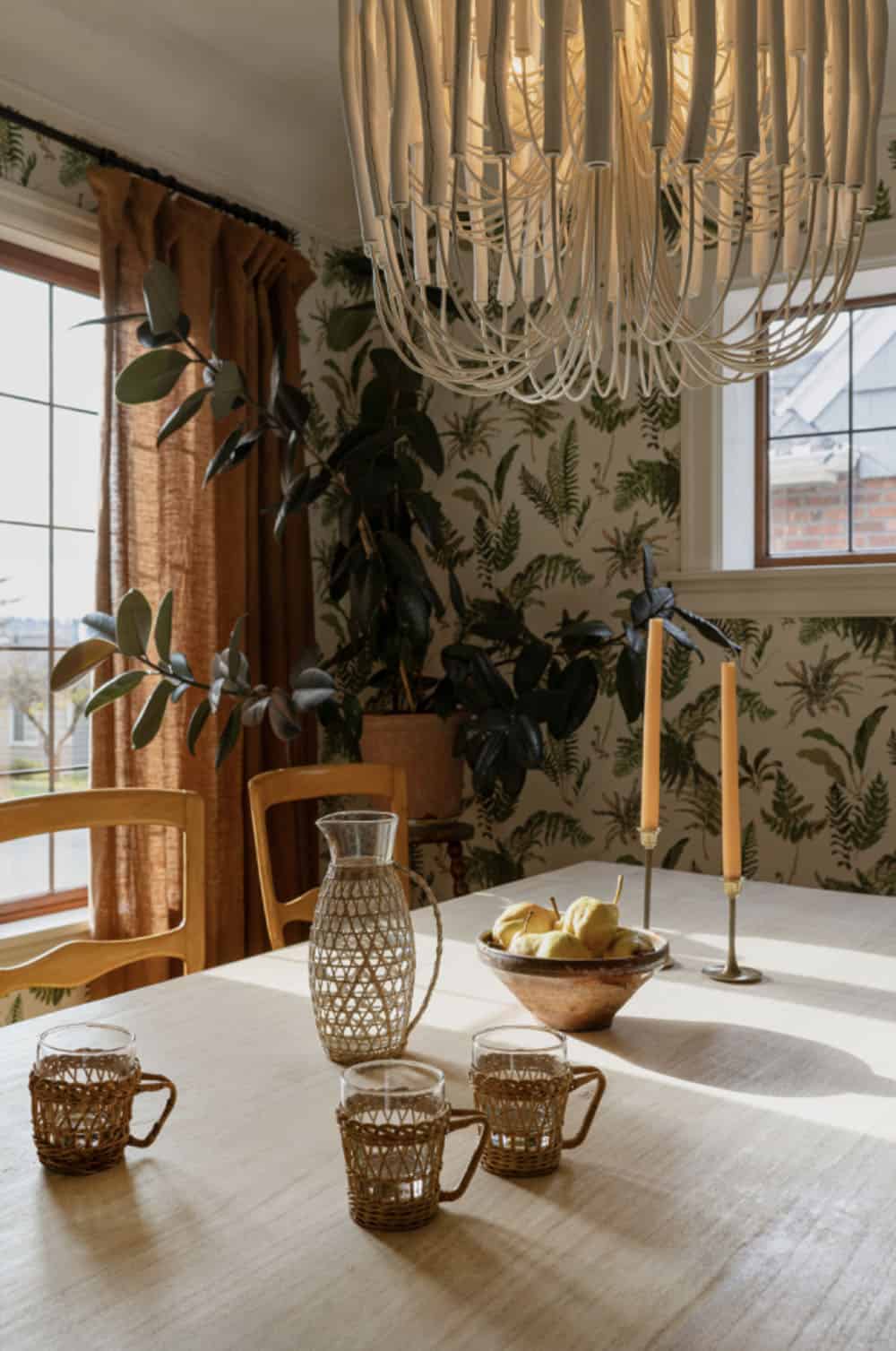 contemporary dining room with wallpaper