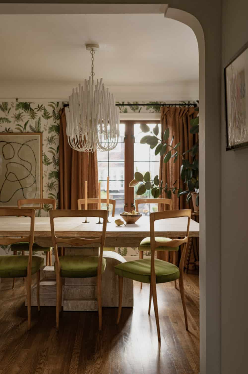 contemporary dining room with wallpaper