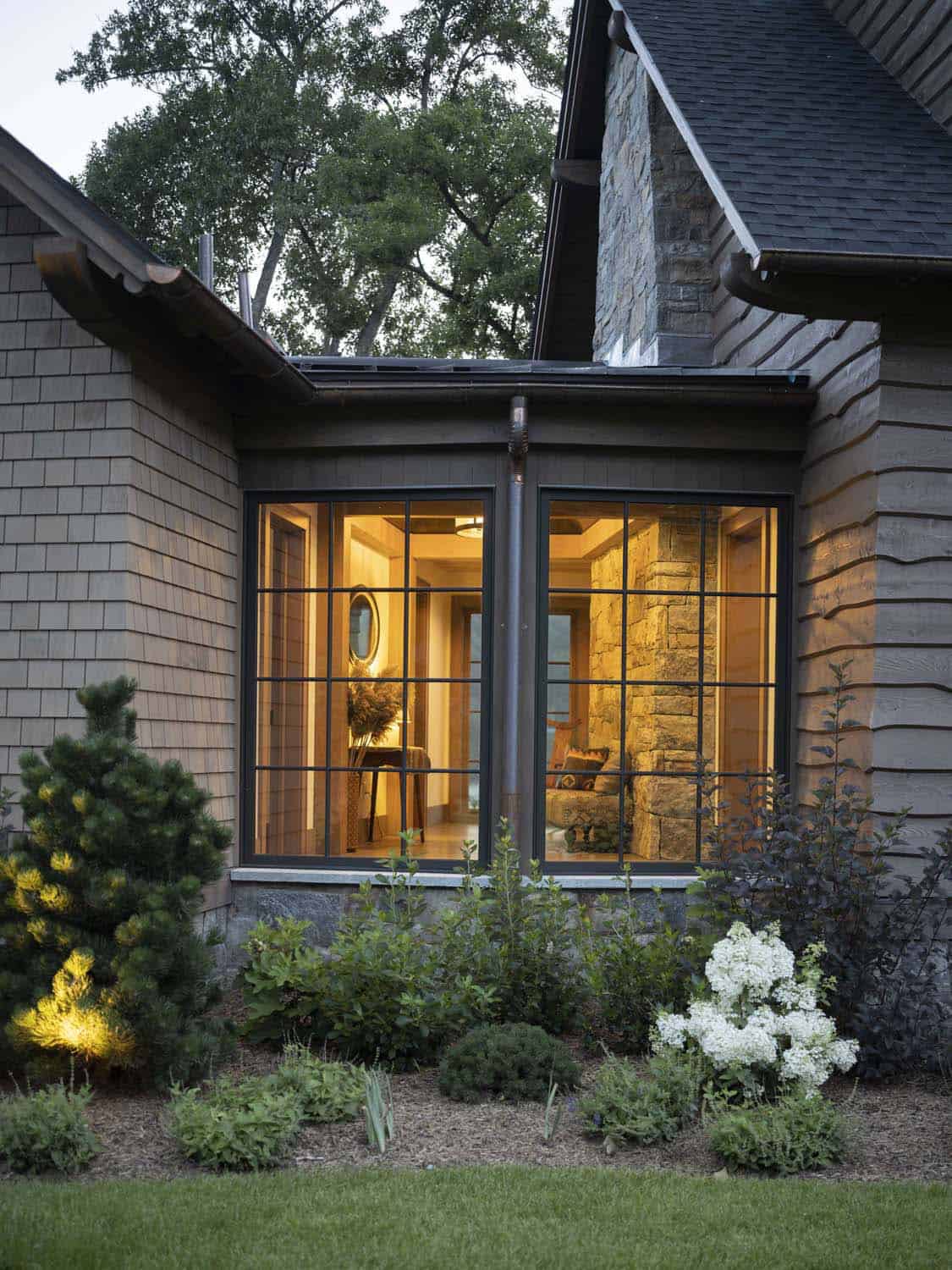 rustic house exterior at dusk