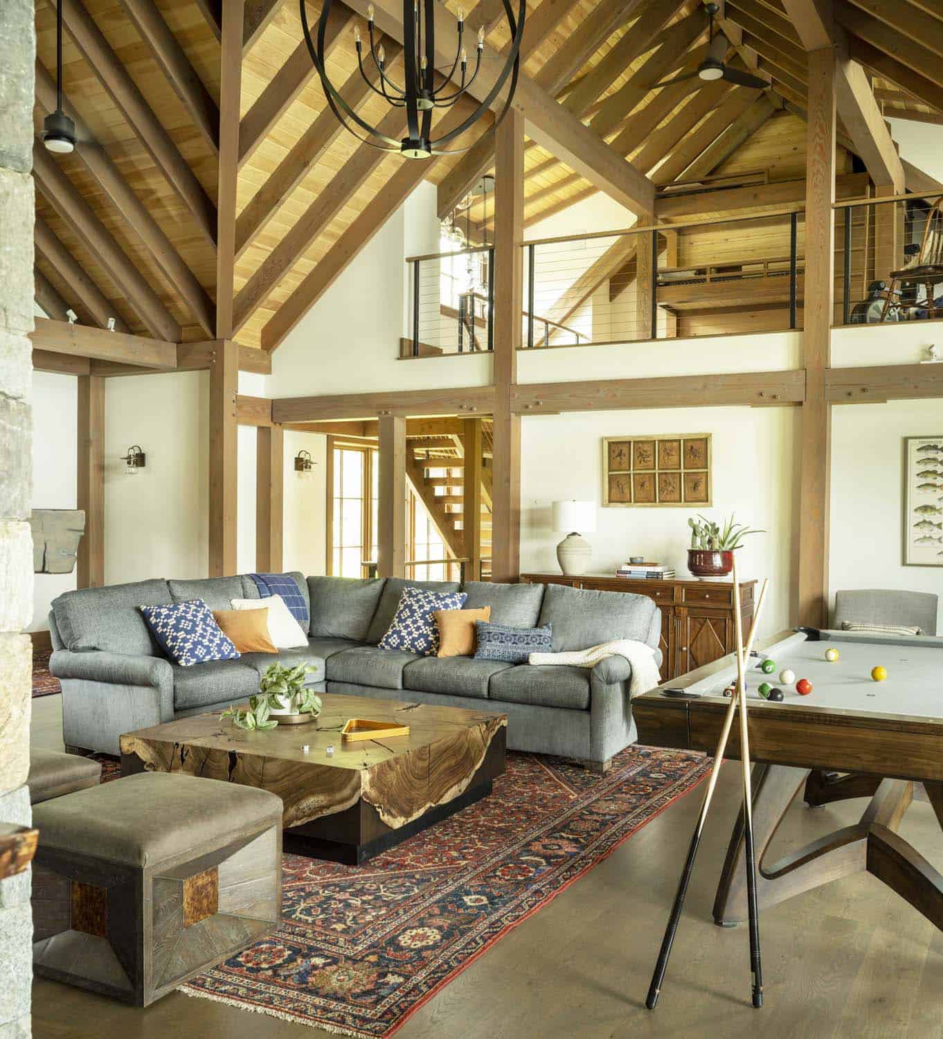 rustic family room with a double volume ceiling