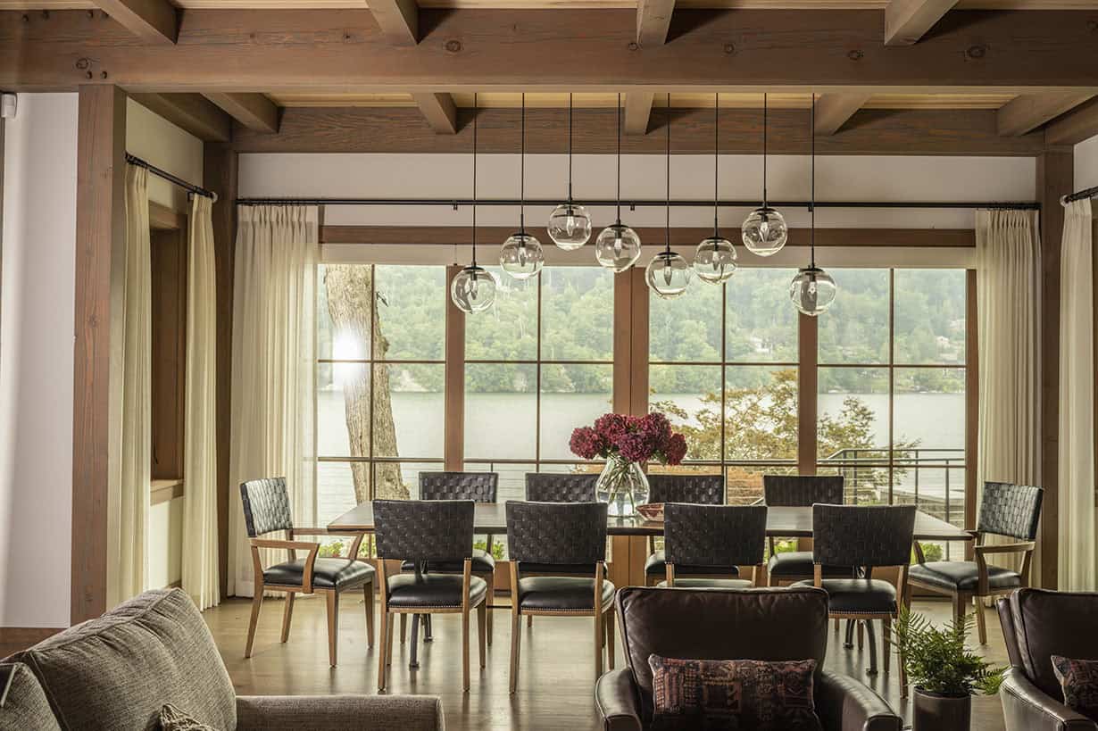 rustic dining room with a large window