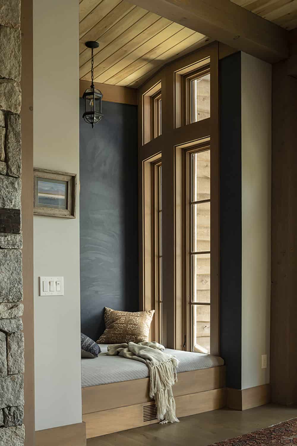 rustic home office with a built-in window seat