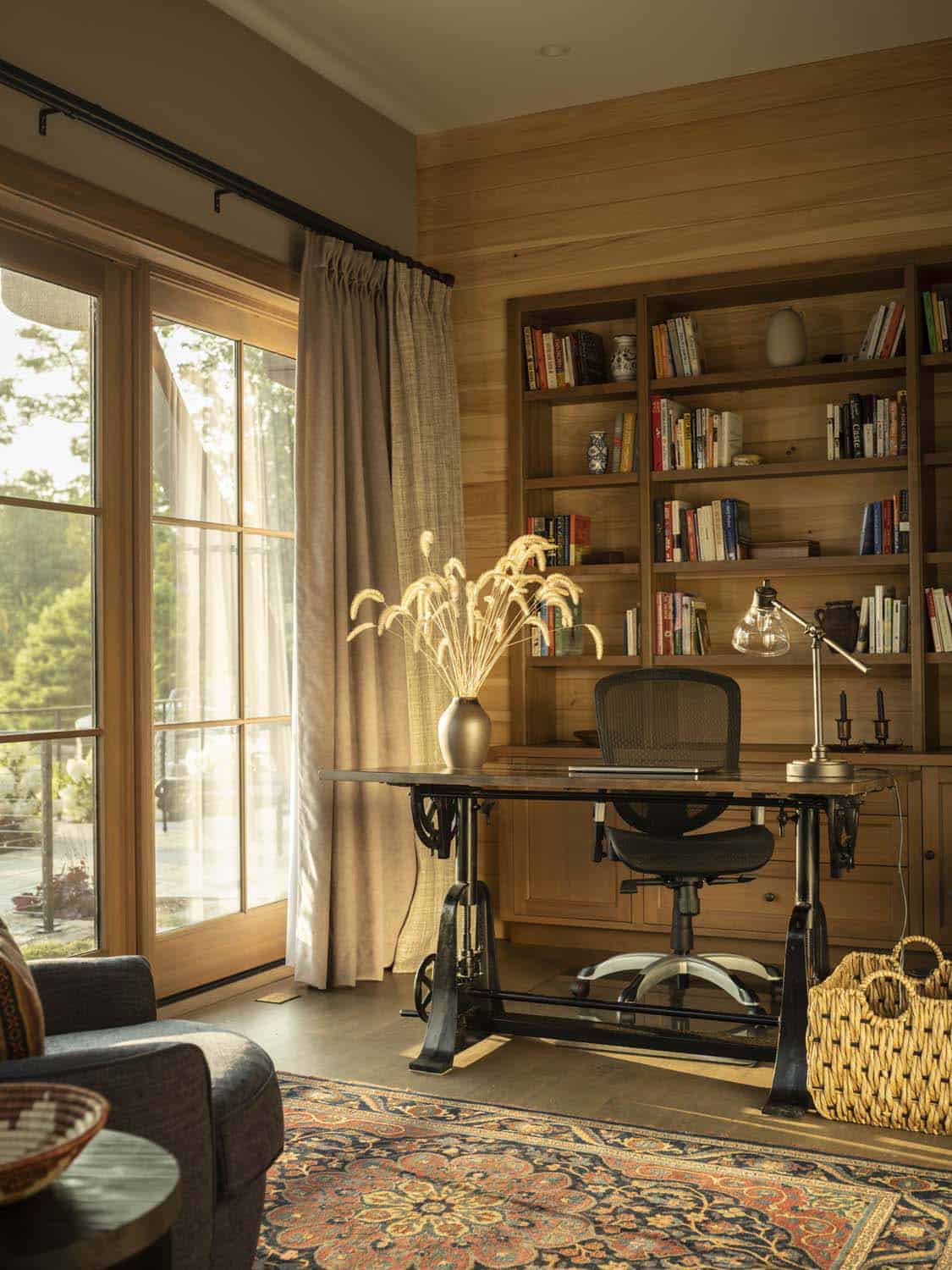 rustic home offcie with a built-in bookcase