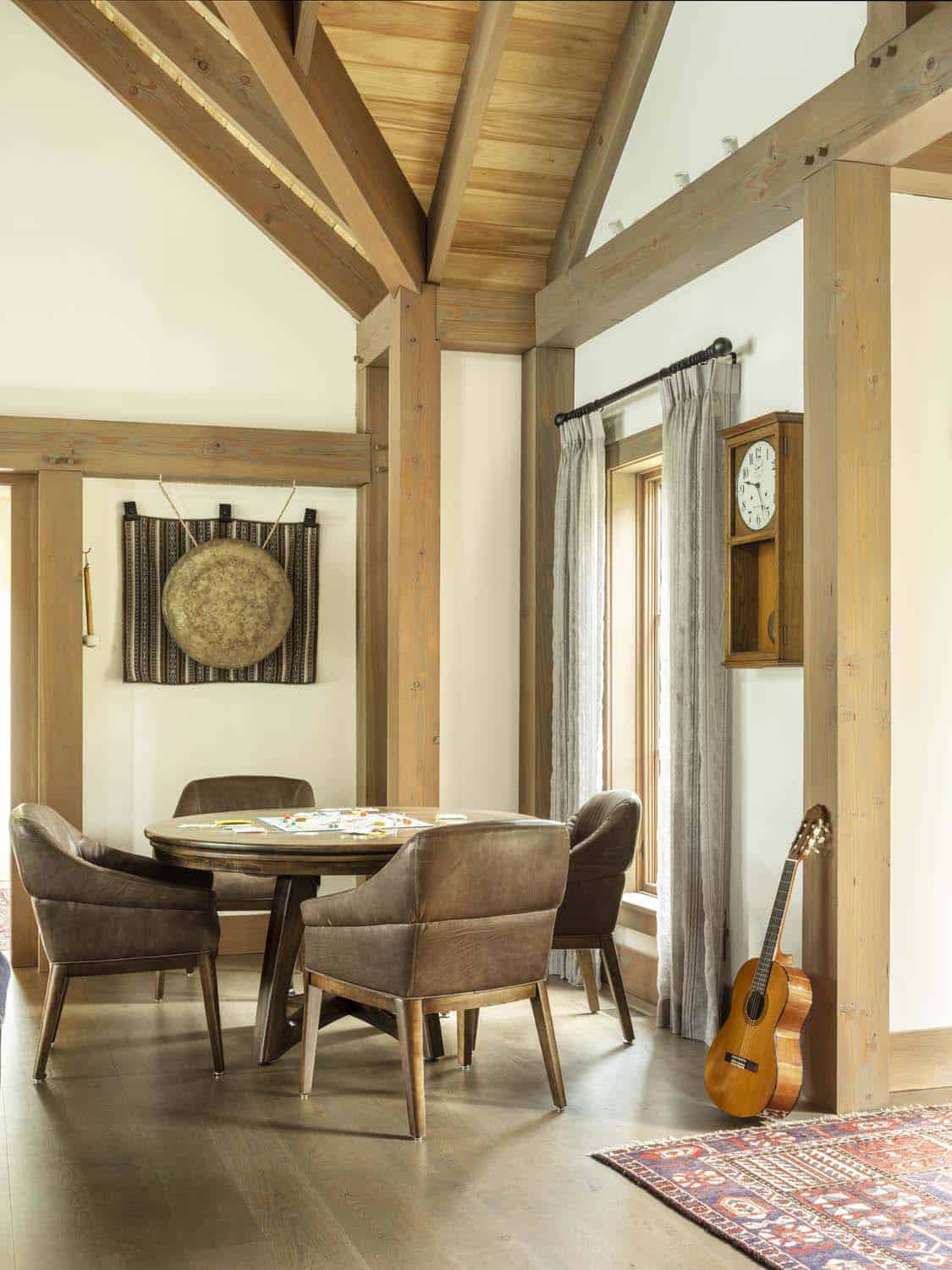 rustic family room with a card table