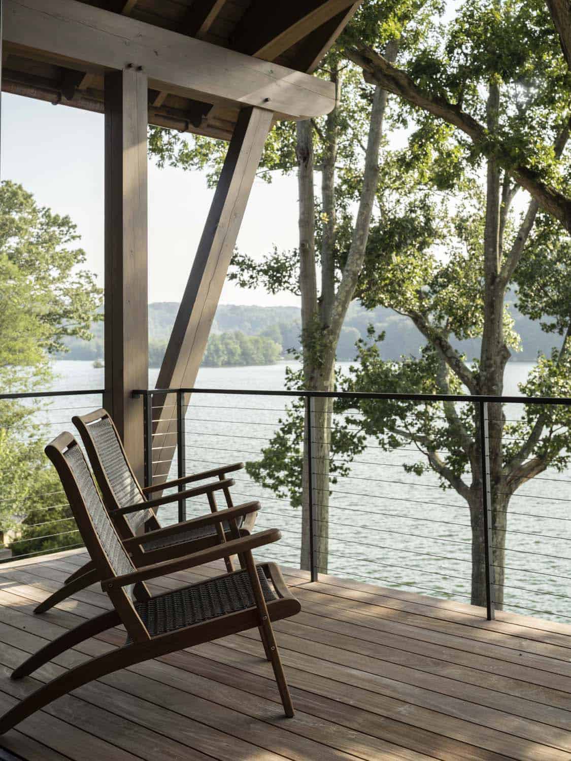 rustic balcony with a lake view