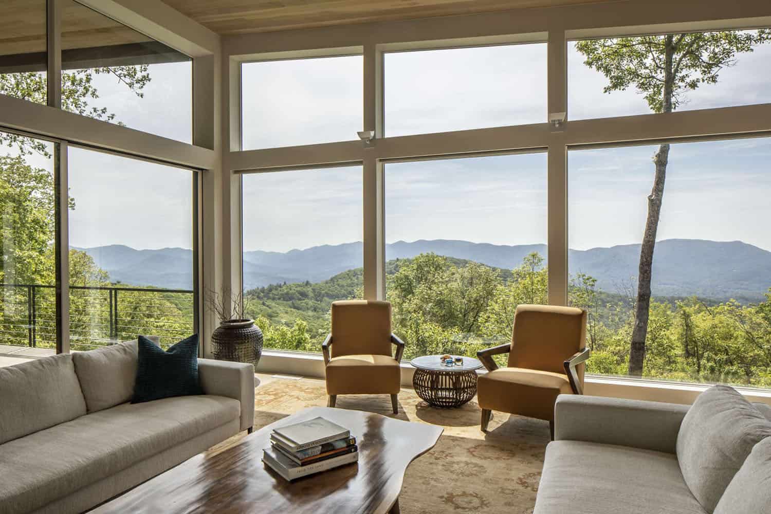 contemporary living room with floor-to-ceiling windows