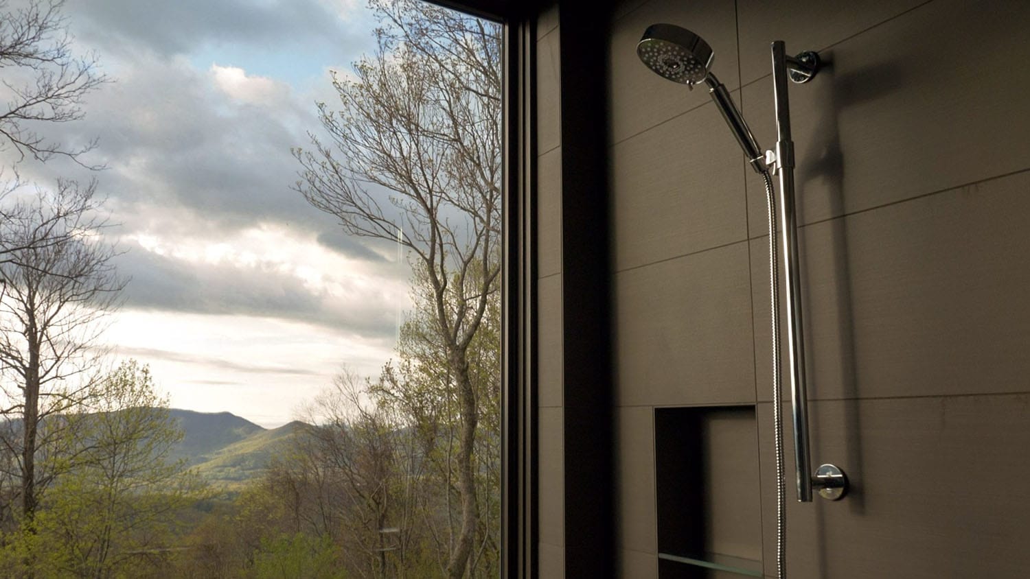 contemporary bathroom shower with a large window