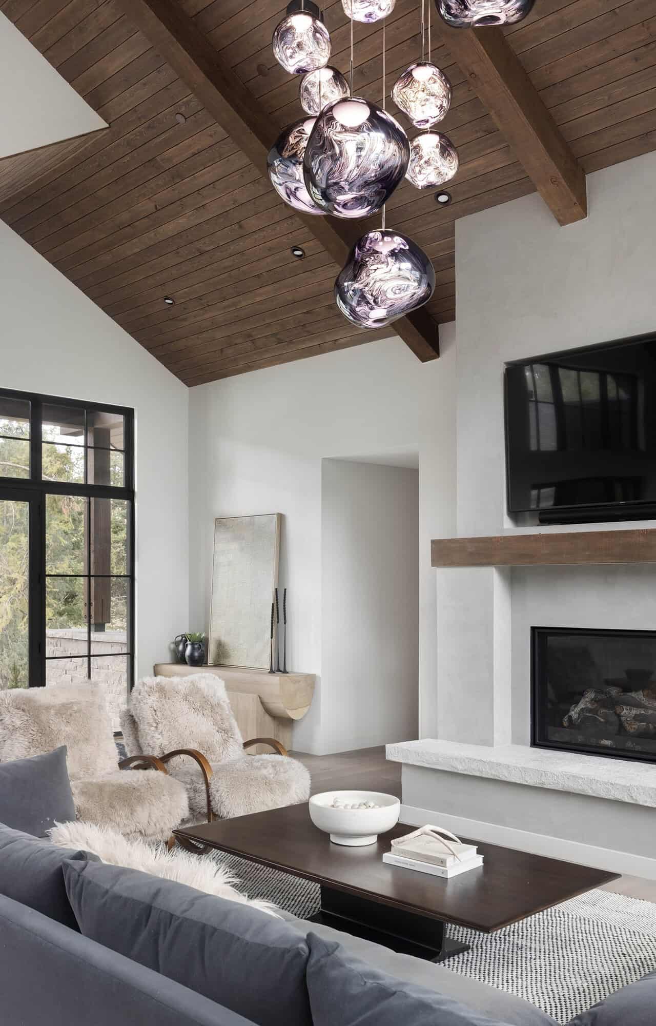 modern rustic living room with a fireplace
