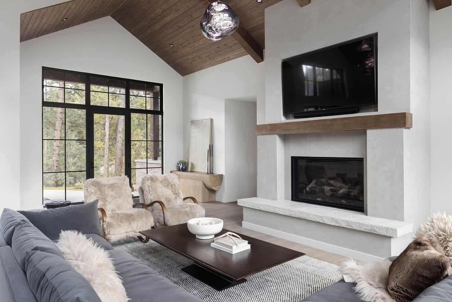 modern rustic living room with a fireplace
