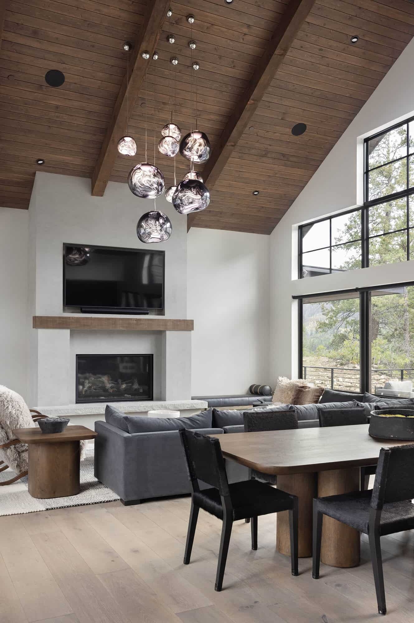 modern rustic living room with a fireplace