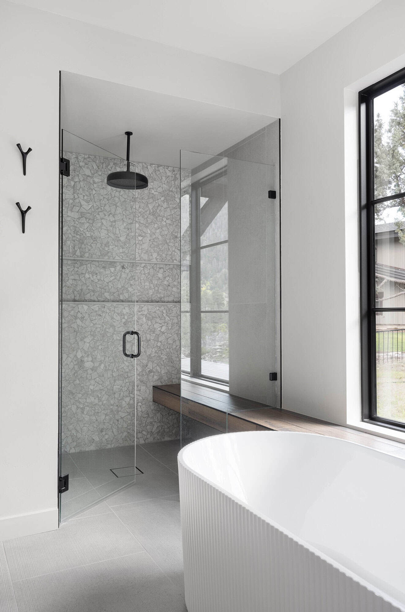 modern rustic bathroom soaking tub and shower