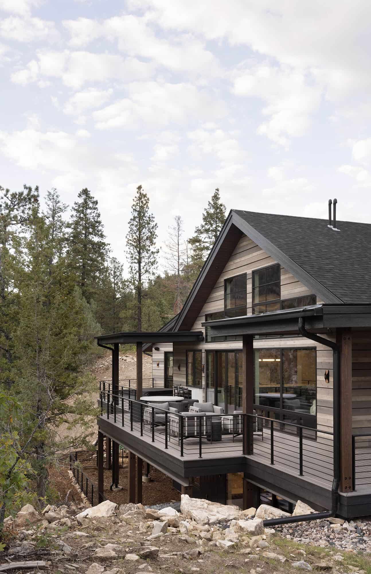 modern rustic mountain home exterior backyard view