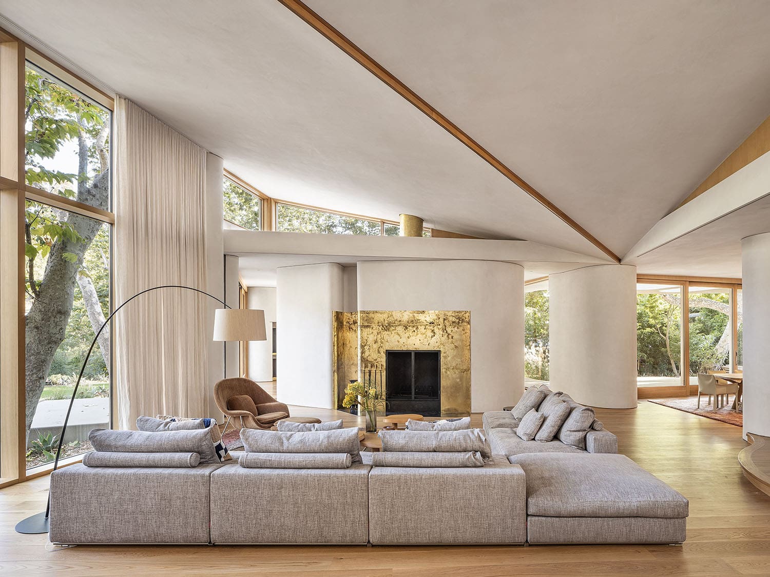modern organic living room with a fireplace