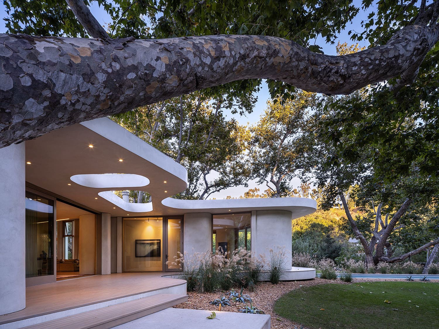 modern organic home exterior at dusk