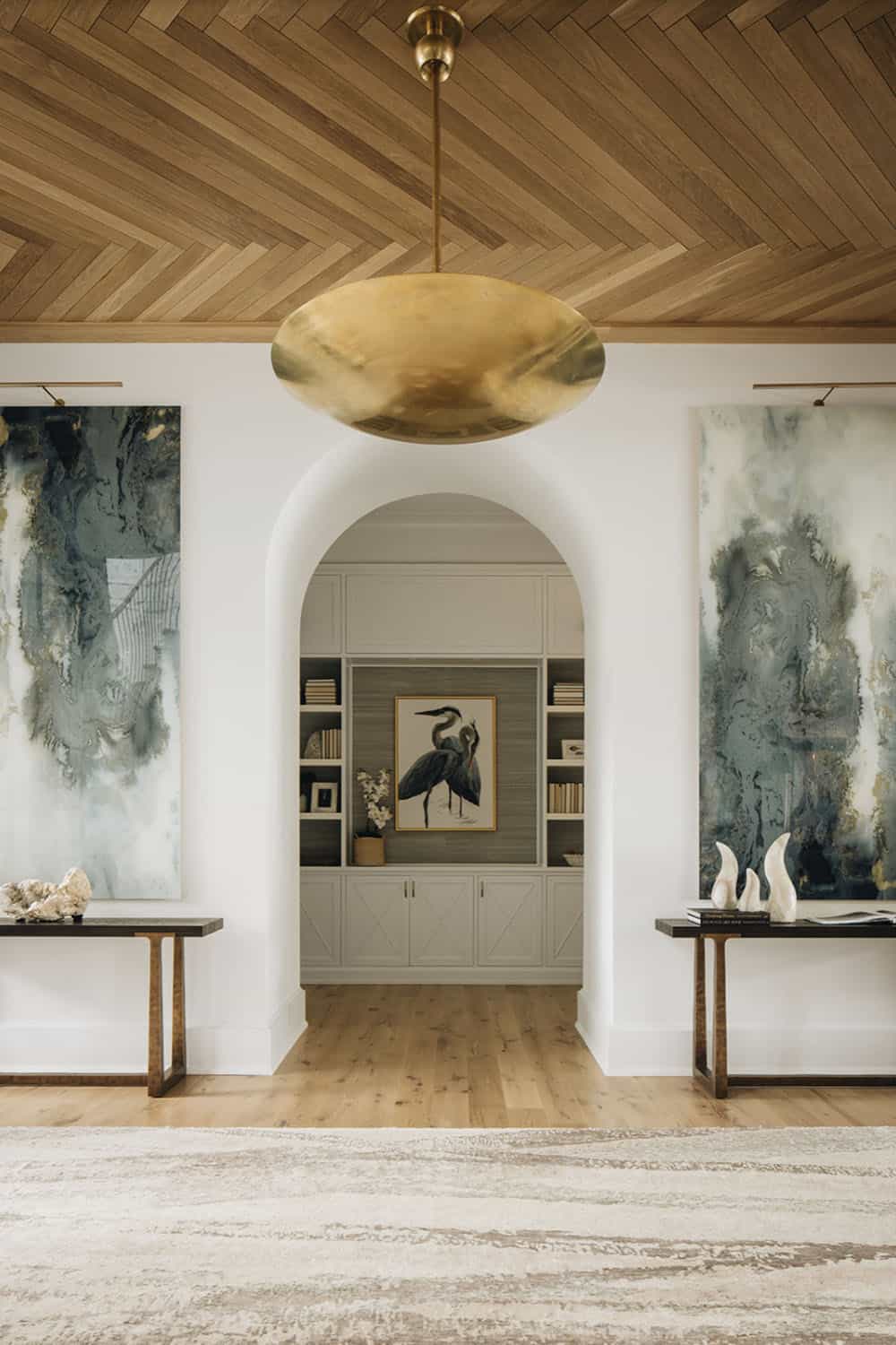 transitional home entry with console tables