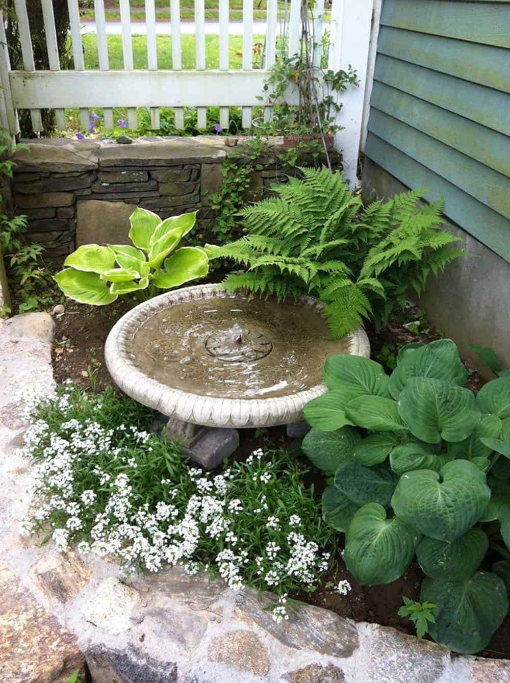 corner garden with a bird bath