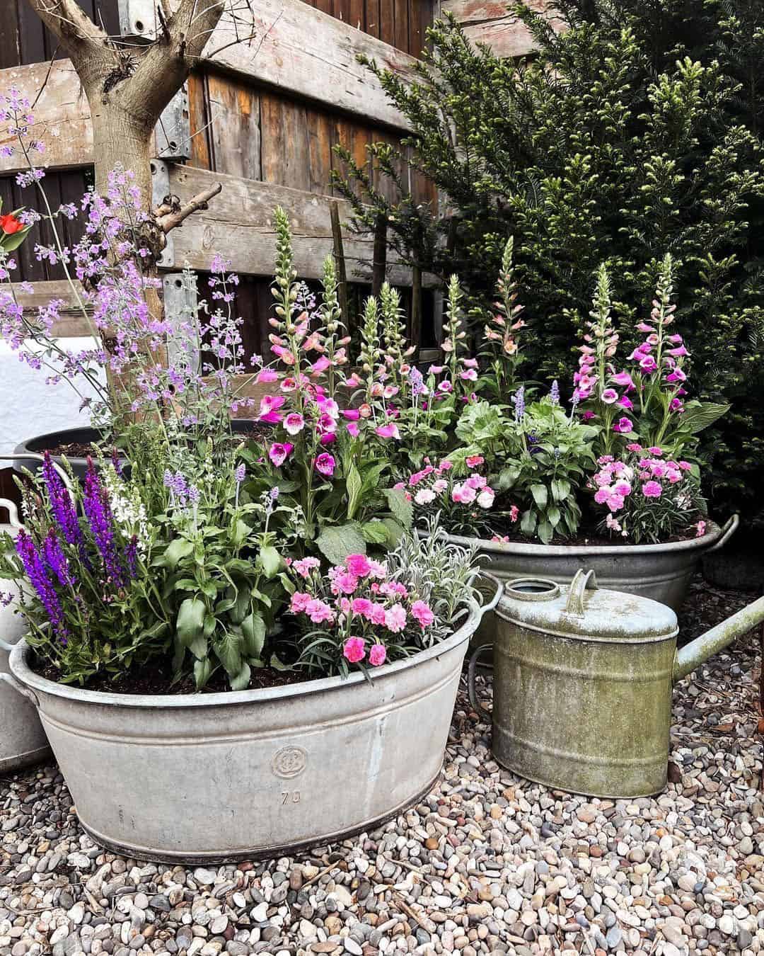 corner garden with zinc tubs