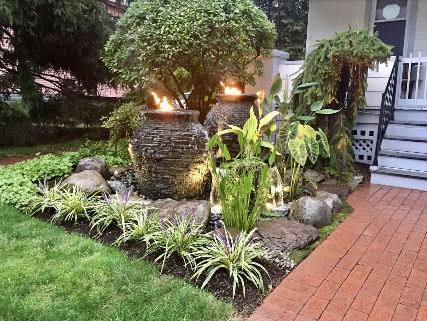 corner garden with bubbling urns