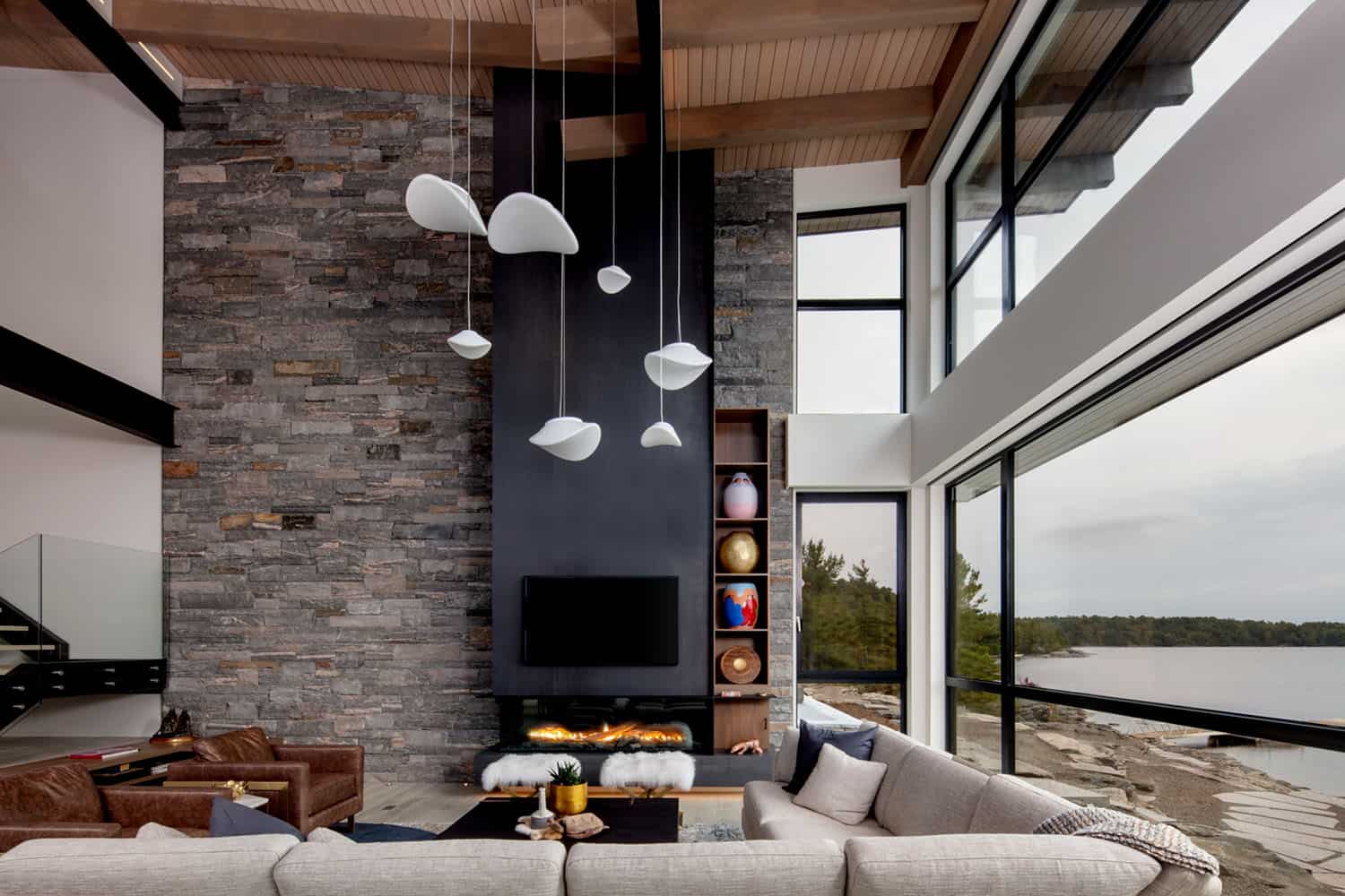 modern living room with a fireplace